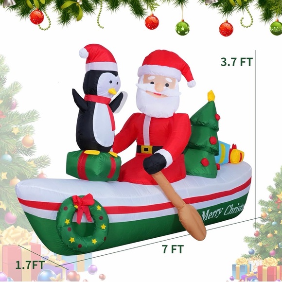 7ft Inflatable Santa and Penguin Christmas Boat Decoration